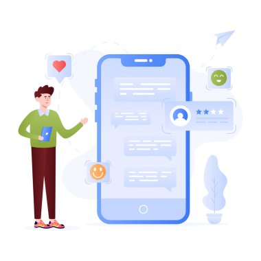 Akıllı telefona ve konuşma balonu vektör çizimine sahip adam