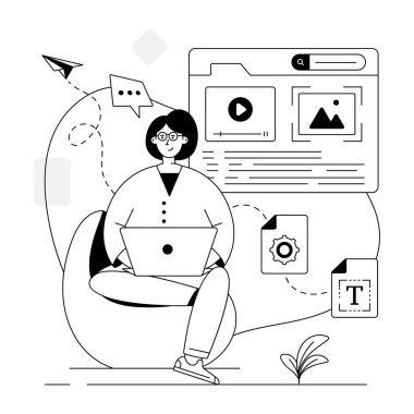 Laptop bilgisayarı ve bulut hesaplama vektörü çizimi olan kadın