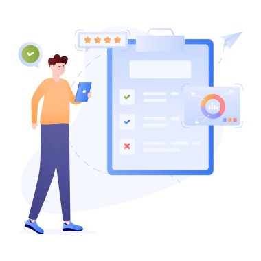 Akıllı telefonu olan ve ekranında kısa mesaj olan bir adam. vektör illüstrasyonu
