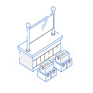 Büyük bir binası olan bir otel odasının içinde izometrik hat var. vektör illüstrasyonu