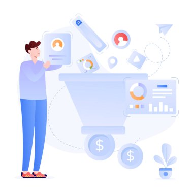 Dizüstü bilgisayarı ve büyüteci olan bir adam. vektör illüstrasyonu