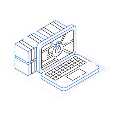 Laptop ve harita vektör illüstrasyonlu izometrik çizgi bilgisayarı