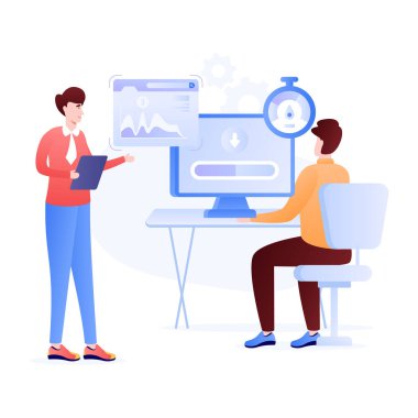 İş adamları dizüstü bilgisayar ve ofis vektör illüstrasyonuyla birlikte çalışıyor