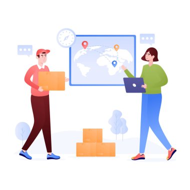 Posta kutusu çizimleri ve kutuları olan teslimatçı adam ve kadın.