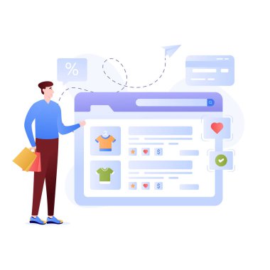 Alışveriş sitesinden kıyafet satın alan kişi, düz çizim