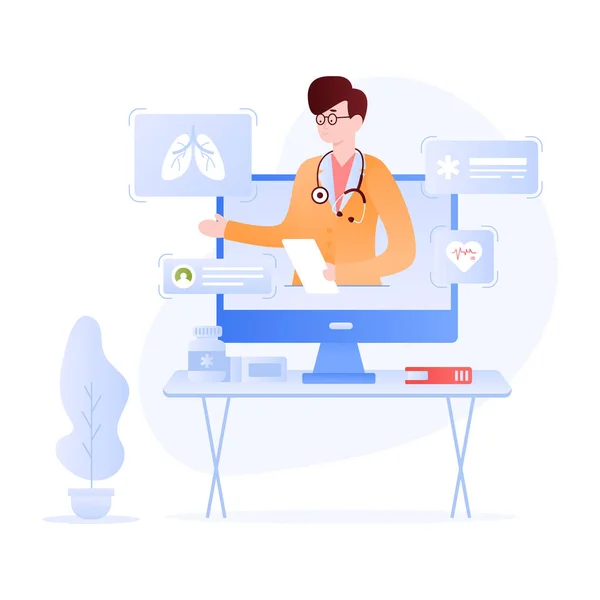 Médico Trabalhando Com Computador Paciente Ilustração Vetorial —  Vetores de Stock
