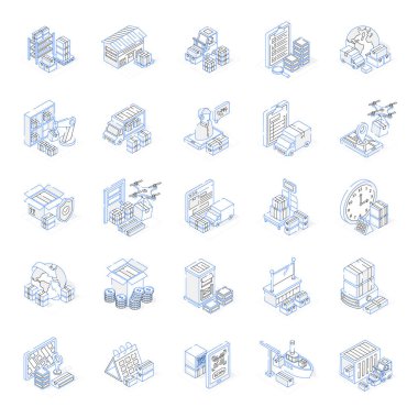 Lojistik Hizmetlerin Isometric Taslak Simgeleri