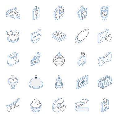 Beyaz arkaplanda hediye olan kumarhanenin çizgi simgeleri, vektör illüstrasyonu