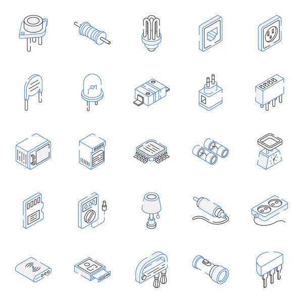 Componentes Electrónicos Esquema Iconos Isométricos — Vector de stock