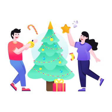 Hediyeleri olan çift ve Noel ağacı çizim tasarımı