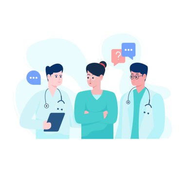 Steteskop ve konuşma balonu çizimi olan doktor ve hemşire