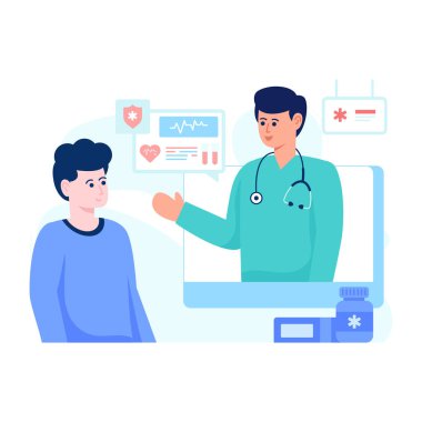 Stetoskop ve kalp vektörü çizimi olan doktor