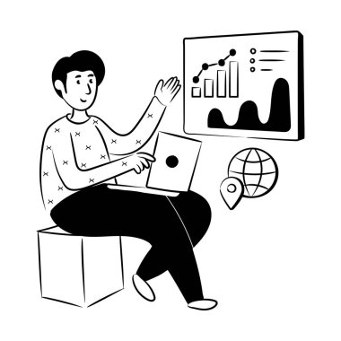 Dizüstü bilgisayarı ve iş temalı vektör illüstrasyonuna sahip iş adamı