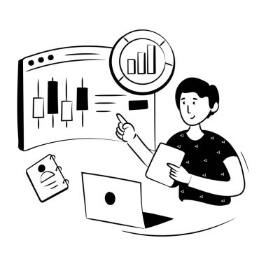 Dizüstü bilgisayarı ve grafik grafik çizimi çizimi olan iş adamı ve kadın