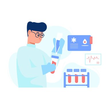 Test tüpü ve bir bardak su olan bir doktorun vektör çizimi.