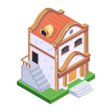 Çatısı ve binası olan izometrik bir ev.