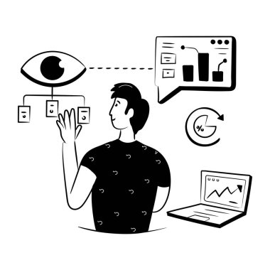 Bilgisayar ve büyütme cam vektör çizimi tasarımı ile iş adamı