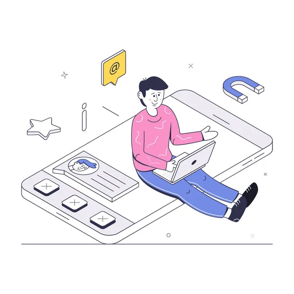 Hombre Joven Con Portátil Diseño Ilustración Vectores Teléfonos Inteligentes — Vector de stock