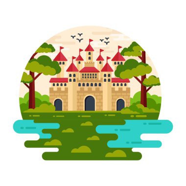 Ağaçlı şato ve gökyüzü vektör çizimi tasarımı