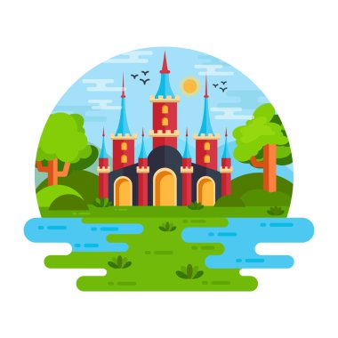 Gökkuşağı ve bulutlu şato vektör illüstrasyon tasarımı