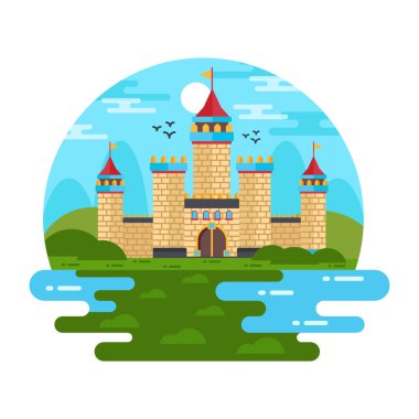 Gökkuşağı ve gökyüzü vektör çizimine sahip kale kulesi