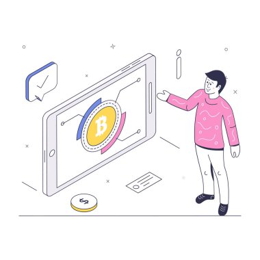 Bitcoin para ve akıllı telefon ile kripto para kavramı. vektör illüstrasyonu