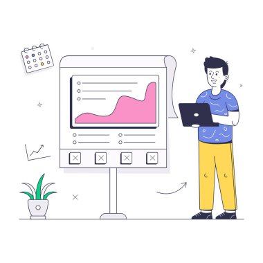 Dizüstü bilgisayarı ve grafik çizelgesi çizimi olan iş adamı