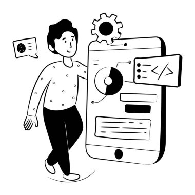 Akıllı telefon ve kalem vektör illüstrasyon tasarımlı bir adam