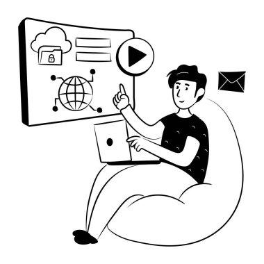 Dizüstü bilgisayarı ve akıllı telefon vektör çizimi tasarımı olan bir adam