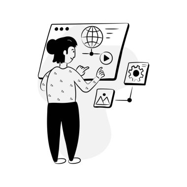 Akıllı telefonu olan ve cam vektör çizimi büyüten bir adam.