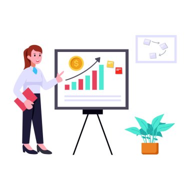 Dizüstü bilgisayarı ve grafik çizelgesi çizimi çizimi olan iş kadını