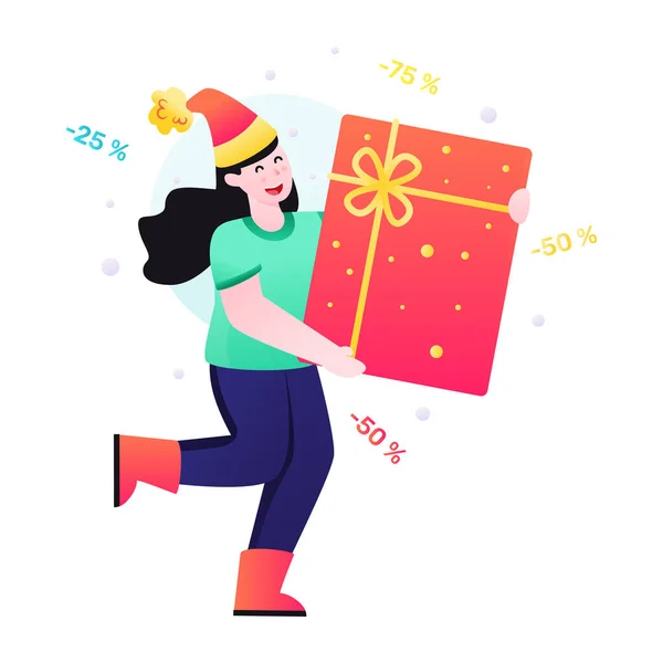 Frau Mit Geschenkbox Und Weihnachtsgeschenken Vektorillustration — Stockvektor