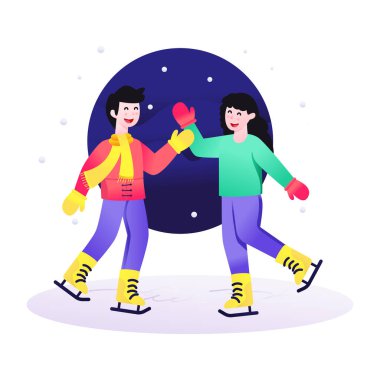 Kış ormanındaki genç bir çiftin vektör çizimi.