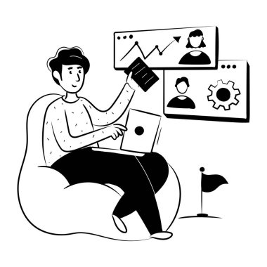 Dizüstü bilgisayarı ve akıllı telefon vektör illüstrasyon tasarımına sahip iş adamı