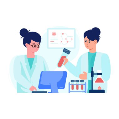 Doktor ve kadın bilgisayar ve araçlar vektör illüstrasyon tasarımı ile çalışıyor