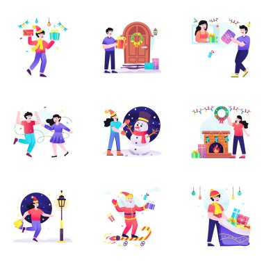 Bir grup çocuk, erkek ve kız, balonlarla oynuyorlar, vektör illüstrasyonu.