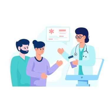 Steteskop ve akıllı telefon vektör çizimi olan hasta ve hemşire doktorları var.