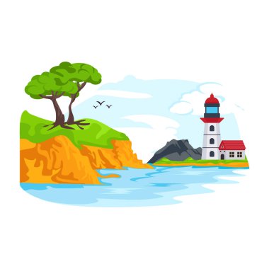 Deniz feneri Arkaplanı, vektör illüstrasyonu
