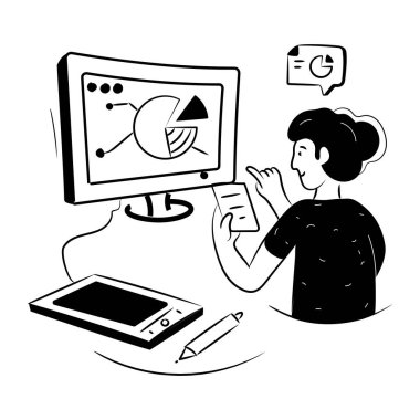 Dizüstü bilgisayarı olan bir adamın el çizimi çizimi.