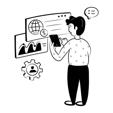 Akıllı telefon ve vites vektör illüstrasyon tasarımına sahip iş adamı