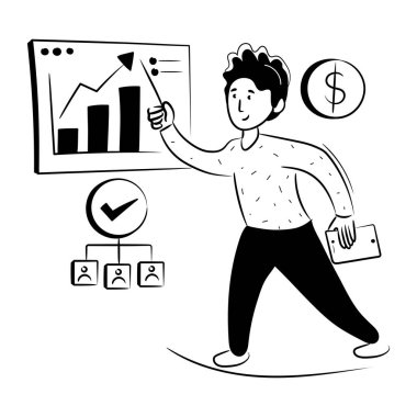 Para ve grafik grafik çizelgesi çizimi olan işadamı