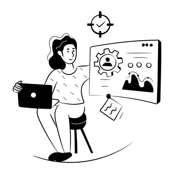 Mulher Com Laptop Desenho Ilustração Lápis Vetorial — Vetor de Stock
