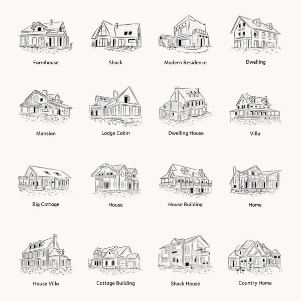 Collezione Edifici Residenziali Illustrazioni Disegnate Mano — Vettoriale Stock