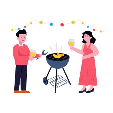 Plaj vektör çiziminde yemek pişiren çift