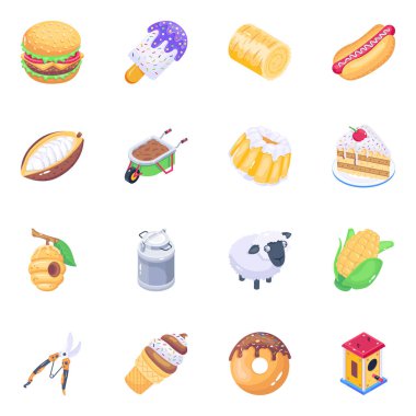 Yiyecek ve içecek sembolünün vektör çizimi. Web için hamburger ve sebze tabelaları koleksiyonu.