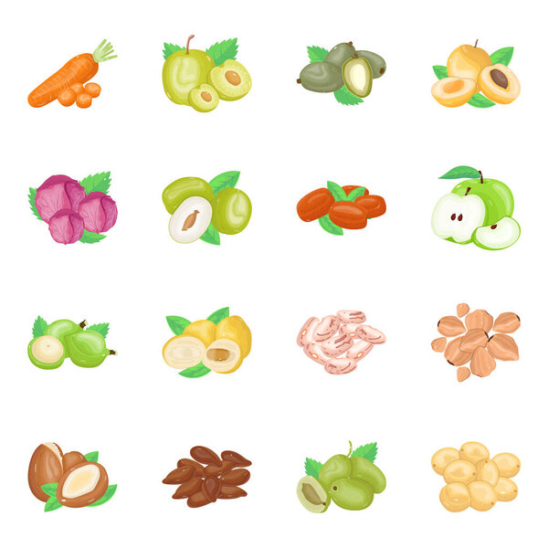 Set of Fruits and Nuts Isometric Icons