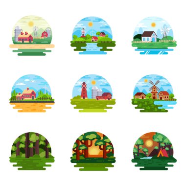 Ağaçlı tarım arazisi ve orman vektör çizimi grafik tasarımı