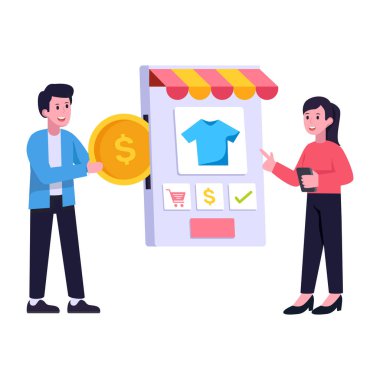 Alışveriş çantası ve akıllı telefon vektör çizimi tasarımı olan bir adam.