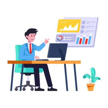 Dizüstü bilgisayar ve vektör illüstrasyonuyla çalışan iş adamı