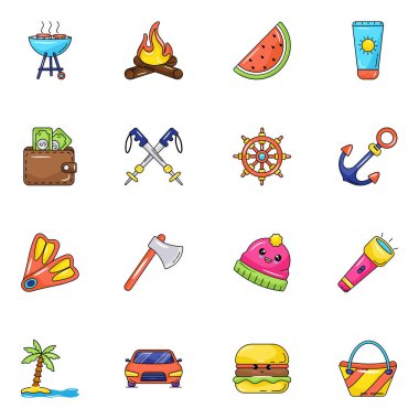 Yaz tatili ikonları hazır. Web için 16 plaj vektör simgesinin karikatür çizimi